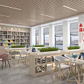 Modern Book Art Interior Design With Colorful Bookshelves Tables Green Plants And Tablets