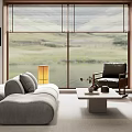 Modern Living Room Interior With Light Gray Sofa Large Windows Slatted Blinds And Mountain View