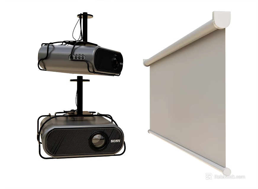 Professional Projection Monitoring System With HD Projector And Roll Up Screen 3d model 