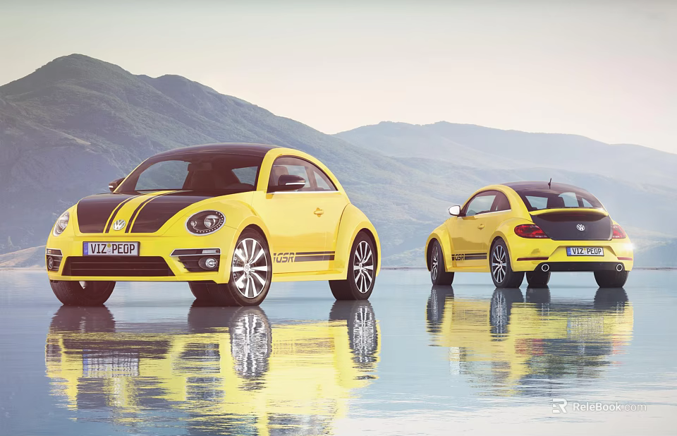 Two Yellow Volkswagen Beetle Cars Parked By Water With Mountain Background And Reflection 3d model 