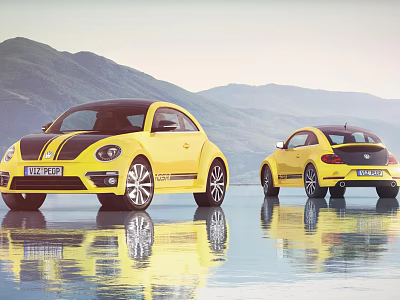 Two Yellow Volkswagen Beetle Cars Parked By Water With Mountain Background And Reflection 3d model
