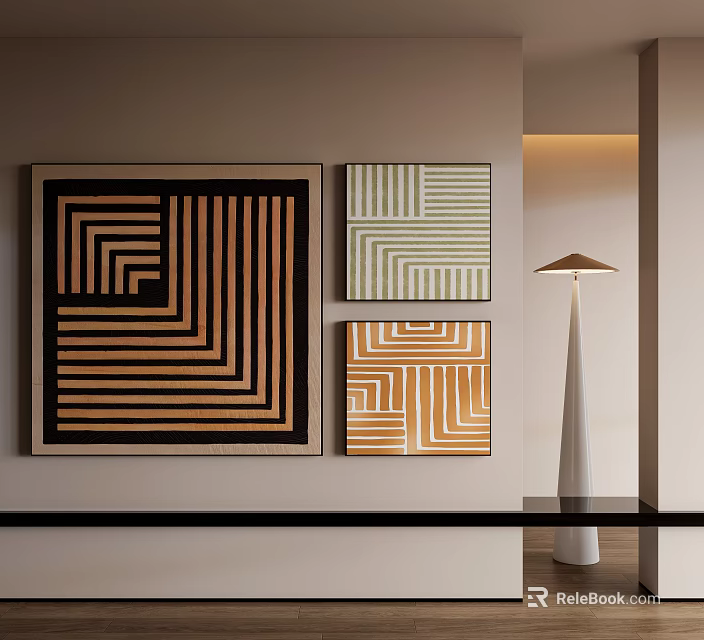 Abstract Paintings With Geometric Lines And Brown Beige Green Tones On Wall 3d model