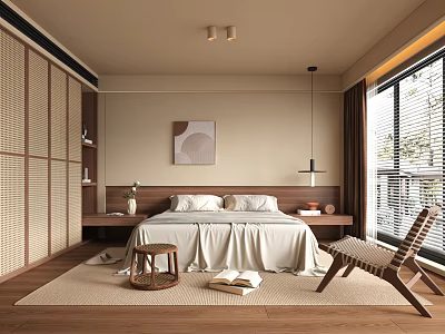 Neutral Tones Bedroom With Wooden Furniture Rattan Armchair White Bed Linen And Natural Light 3d model