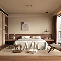 Neutral Tones Bedroom With Wooden Furniture Rattan Armchair White Bed Linen And Natural Light