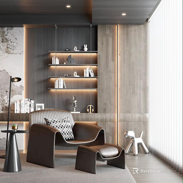 Brown Leather Accent Chair with Ottoman Living Room Wooden Wall Bookshelf Floor Lamp and Window 3d model 