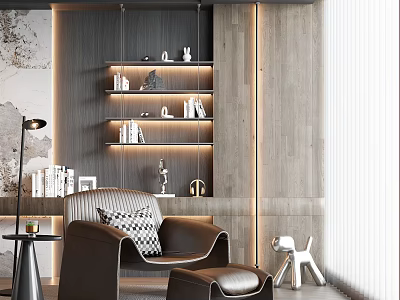 Brown Leather Accent Chair with Ottoman Living Room Wooden Wall Bookshelf Floor Lamp and Window 3d model