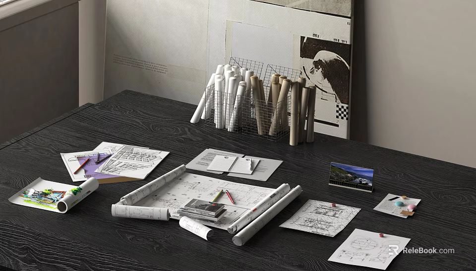 Designer Workspace On Dark Wood Table With Sketches Rolled Papers Pencils Notes And 3d model 
