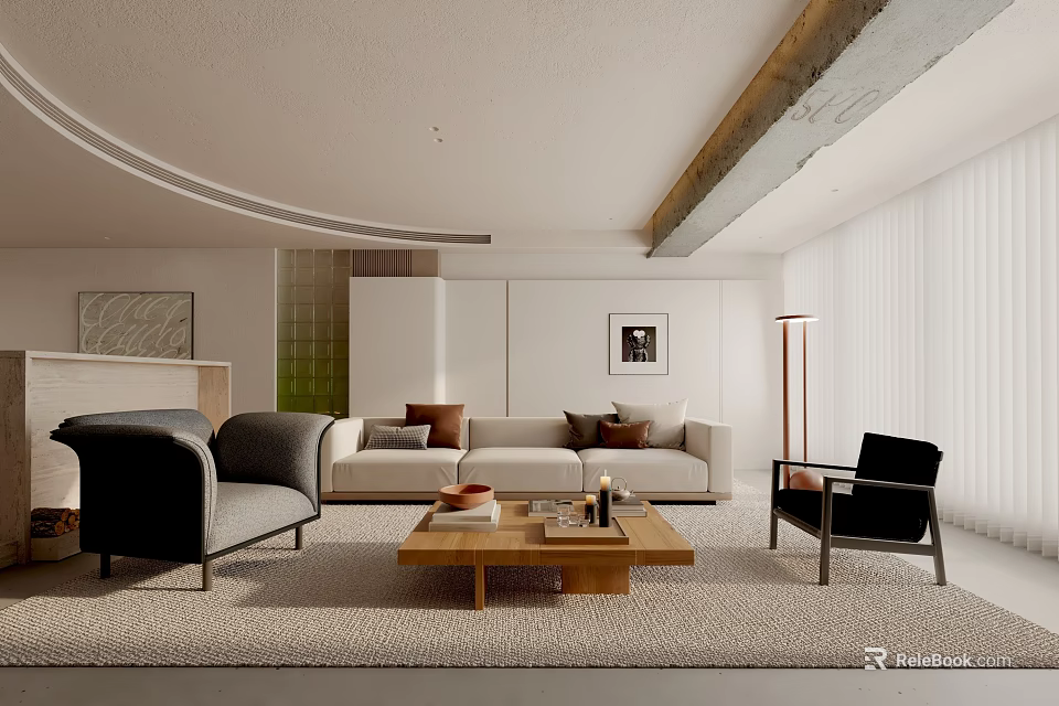 Modern Living Room Interior Design With Neutral Tones Sofa Wooden Coffee Table And Armchairs 3d model 