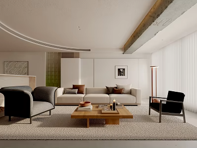 Modern Living Room Interior Design With Neutral Tones Sofa Wooden Coffee Table And Armchairs 3d model