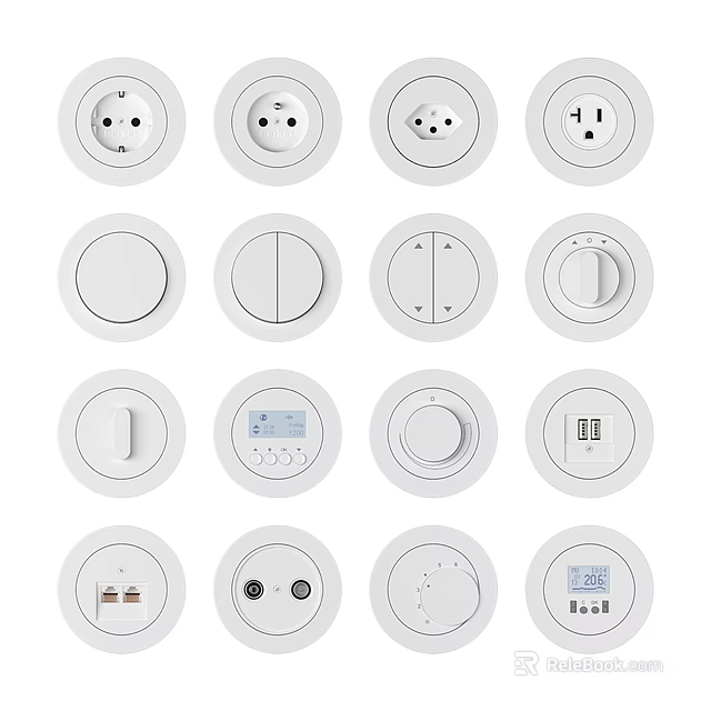 Various Modern White Switch Panels With Different Round Control Designs And Functions 3d model