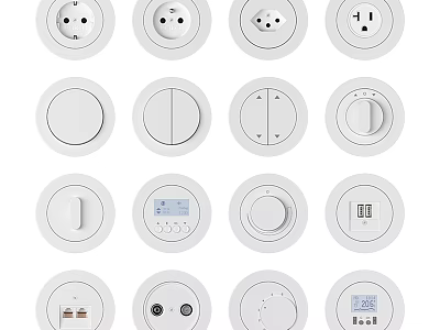 Various Modern White Switch Panels With Different Round Control Designs And Functions 3d model