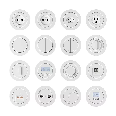 Various Modern White Switch Panels With Different Round Control Designs And Functions 3d model