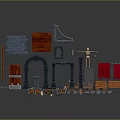 Medieval Scenery Construction Elements With Brick Walls Wooden Doors And Arch Structures 3d model