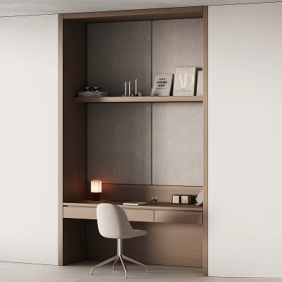 Modern Minimalist Desk and Chair Set With Shelves Books Candles Table Lamp And Notebook 3d model