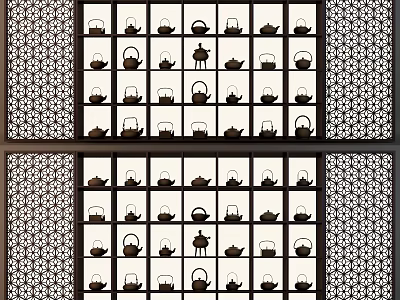 Traditional Tea Sets Arranged in Grid Lattice Shelves with Decorative Patterns 3d model