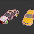 White Police Toy Car With Red Lights And Yellow Taxi Vehicle On Black Surface