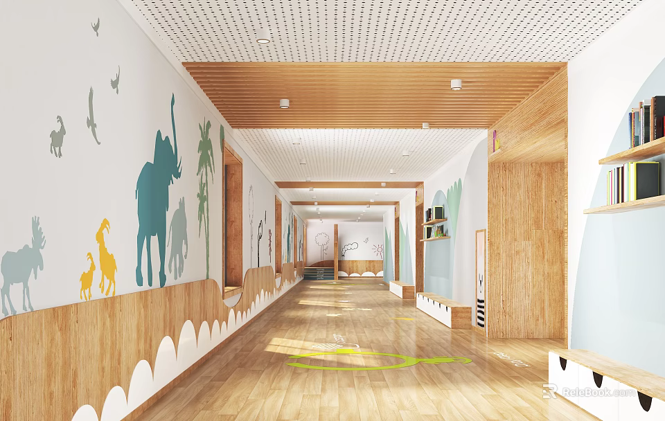 Child Friendly Elevator Hallway With Animal Murals And Wooden Decor Elements 3d model