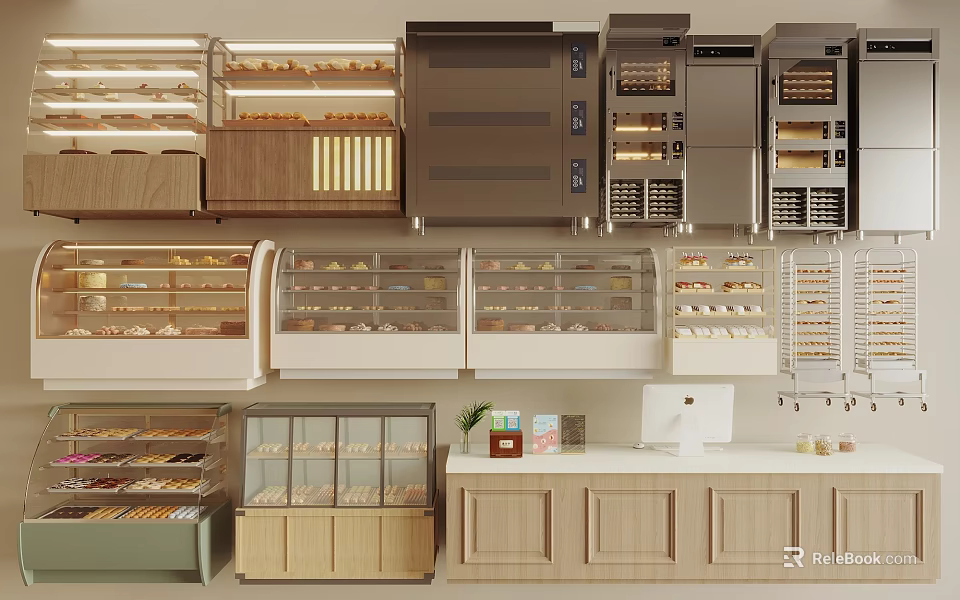 Bakery Display Shelves With Glass Doors Wooden Frames And Tiered Bread Pastry Displays 3d model 