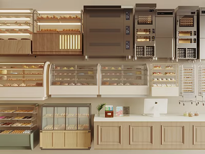 Bakery Display Shelves With Glass Doors Wooden Frames And Tiered Bread Pastry Displays 3d model