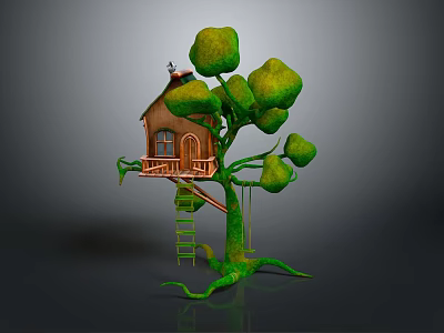 Cute Squirrel in Cozy Treehouse with Green Leafy Tree Brown Ladder and Gray Background 3d model
