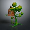 Cute Squirrel in Cozy Treehouse with Green Leafy Tree Brown Ladder and Gray Background 3d model