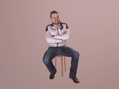 A Man Sitting on Wooden Stool with Crossed Arms in White Jacket and Blue Jeans 3d model