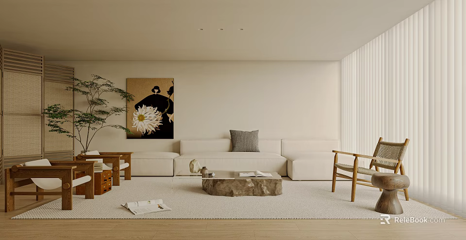 Modern Minimalist Living Room Interior With Beige Sofa Wooden Furniture And Decorative Green Plant 3d model 