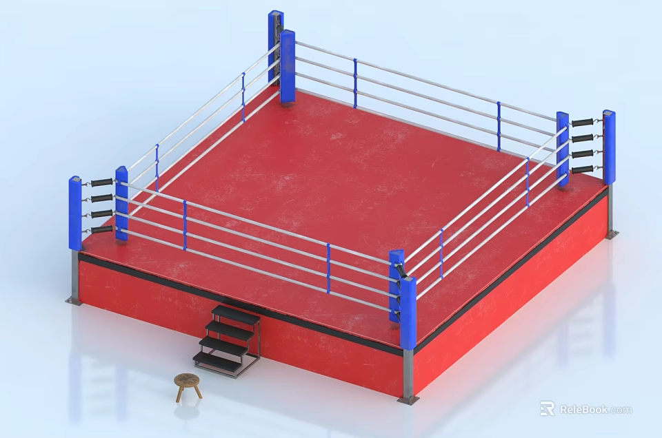 Professional Boxing Ring Sports Equipment with Red Platform Blue Corner Posts and White Ropes 3d model 