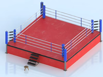 Professional Boxing Ring Sports Equipment with Red Platform Blue Corner Posts and White Ropes 3d model