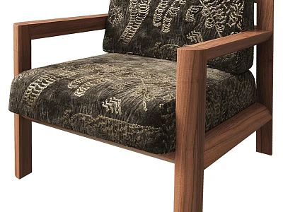 Modern Accent Chair With Walnut Wood Frame And Dark Gold Patterned Upholstery 3d model
