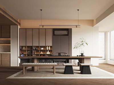 Modern Japanese Style Tea Room Interior With Wooden Furniture And Tea Sets 3d model