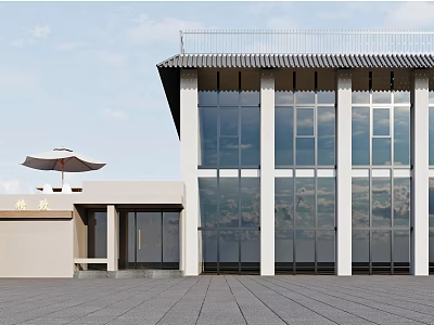 Modern Office Building Exterior With Glass Curtain Walls White Columns And Unique Roof Design 3d model