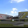 Modern School Building With Geometric Design Red Yellow White Facade Glass Windows And Green Lawn