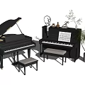 Musical Instruments and Art Supplies Featuring Black Grand Upright Pianos Stools Sheet Music and Plants