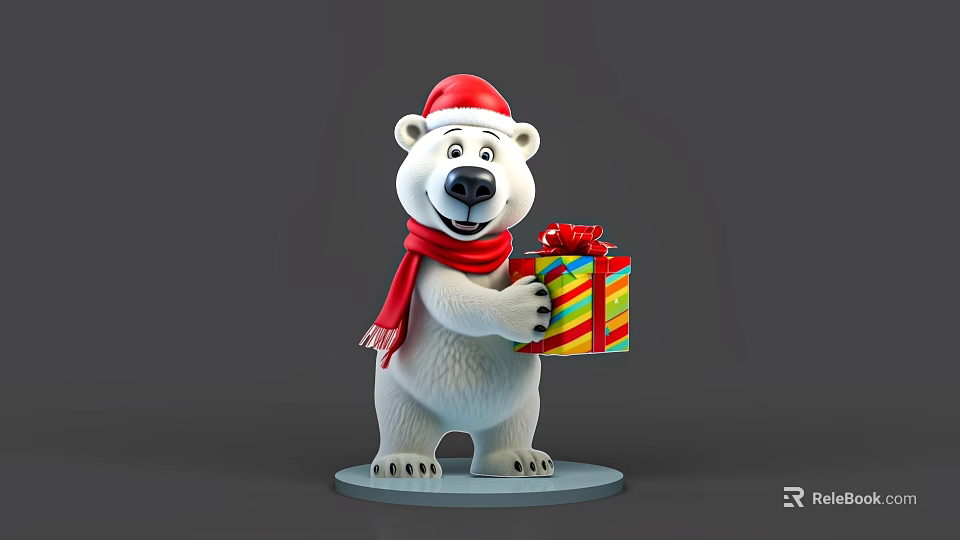 Cute Polar Bear Toy Figure Wearing Santa Hat Scarf Holding Colorful Gift Box 3d model 