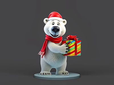 Cute Polar Bear Toy Figure Wearing Santa Hat Scarf Holding Colorful Gift Box 3d model