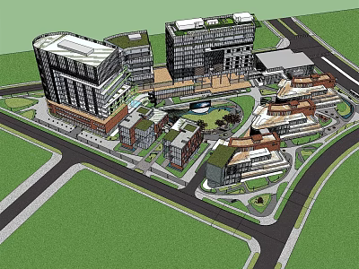 Modern Office Complex With Surrounding Green Spaces Courtyard And Road Access 3d model