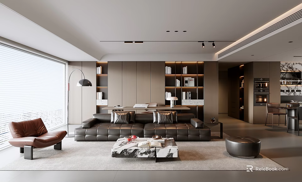 Modern Living Room Interior Design With Brown Leather Sofa Bookshelves And Floor to Ceiling Window 3d model 