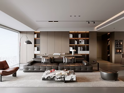 Modern Living Room Interior Design With Brown Leather Sofa Bookshelves And Floor to Ceiling Window 3d model