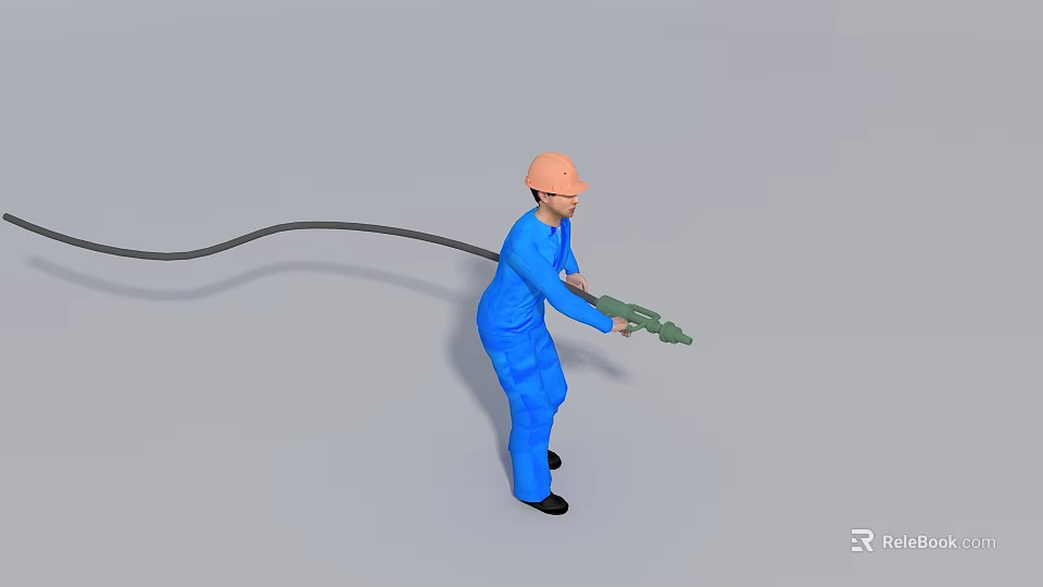 Man wearing blue work uniform and orange safety helmet holding green tool with black cable 3d model 