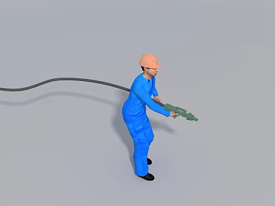 Man wearing blue work uniform and orange safety helmet holding green tool with black cable 3d model