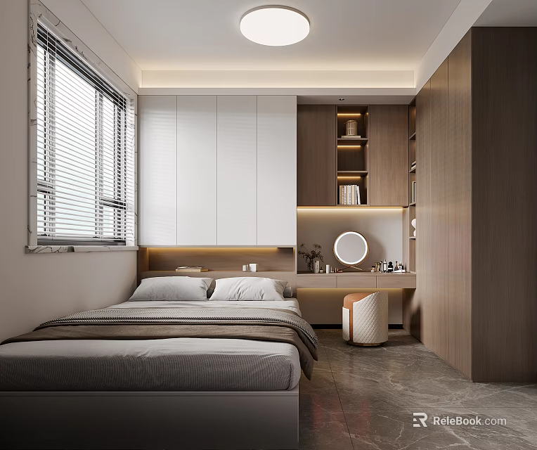 Modern Bedroom with Comfortable Bed Gray Bedding White Wardrobes Wooden Storage and Dressing Table 3d model 