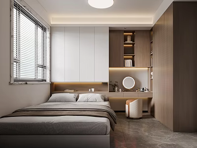 Modern Bedroom with Comfortable Bed Gray Bedding White Wardrobes Wooden Storage and Dressing Table 3d model