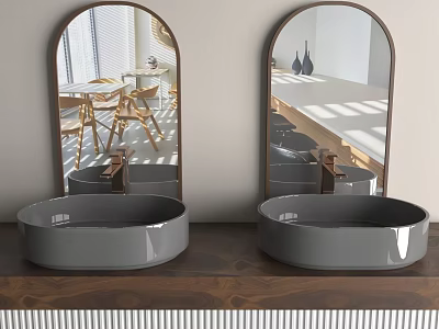 Modern Double Washbasins With Gray Countertop And Oval Mirrors On Wooden Vanity 3d model