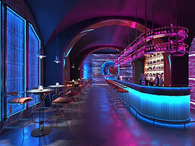 Modern Bar Interior With Neon Lights Bar Counter And Comfortable Seating Area 3d model