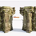 Stone and Wood Ancient Symmetrical Structures With Weathered Texture and Architectural Details