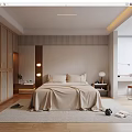 Modern Minimalist Bedroom Interior Design With Wooden Paneling Beige Bedding And Area Rug