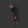 Elderly Male Character in Long Coat Pinstripe Suit With Glasses Umbrella And Red Briefcase