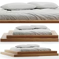 Double Bed With Wooden Platform Frame Gray Linen Bedding And Minimalist Modern Design