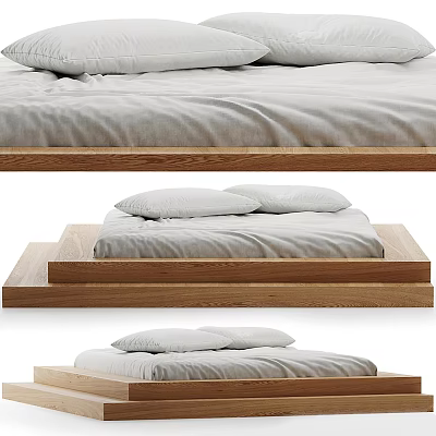 Double Bed With Wooden Platform Frame Gray Linen Bedding And Minimalist Modern Design 3d model